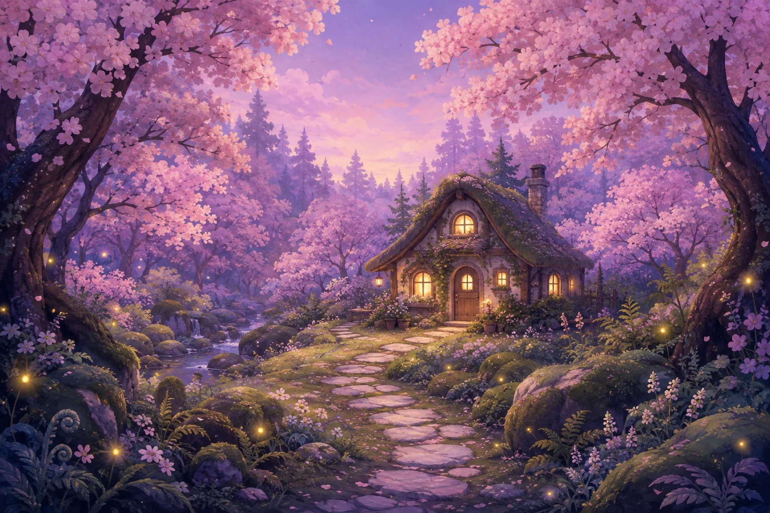 A warm little cottage at the end of a stone path, surrounded by pink sakura trees and fireflies.